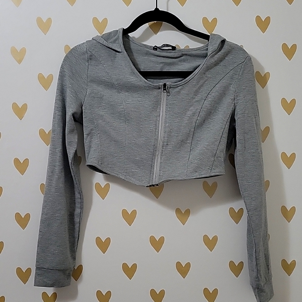 Shein Cropped Gray Zip up Hoodie Jacket
